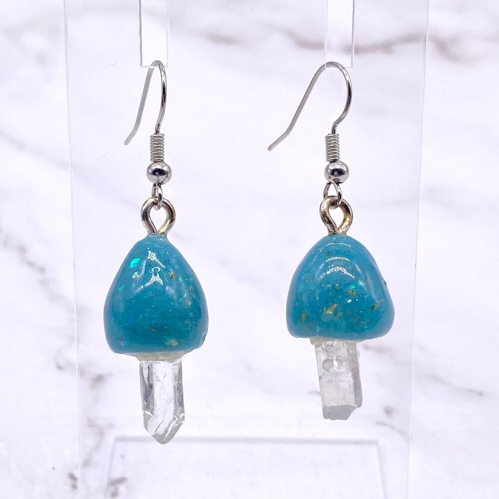 Blue Mushroom Quartz Crystal Dangle wire hook polymer Clay Earrings
